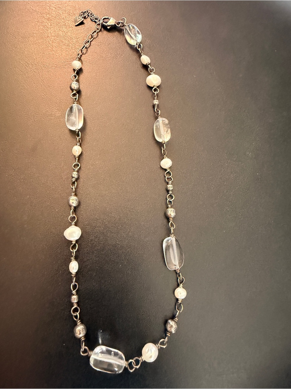 Clear Crystal and Pearl Station Necklace - Unbranded